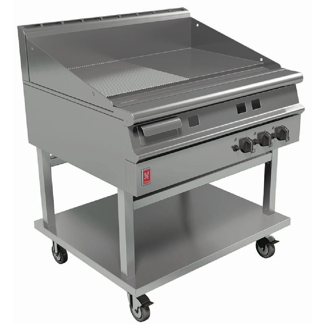 Falcon Dominator Plus 900mm Wide Half Ribbed Natural Gas Griddle on Mobile Stand G3941R